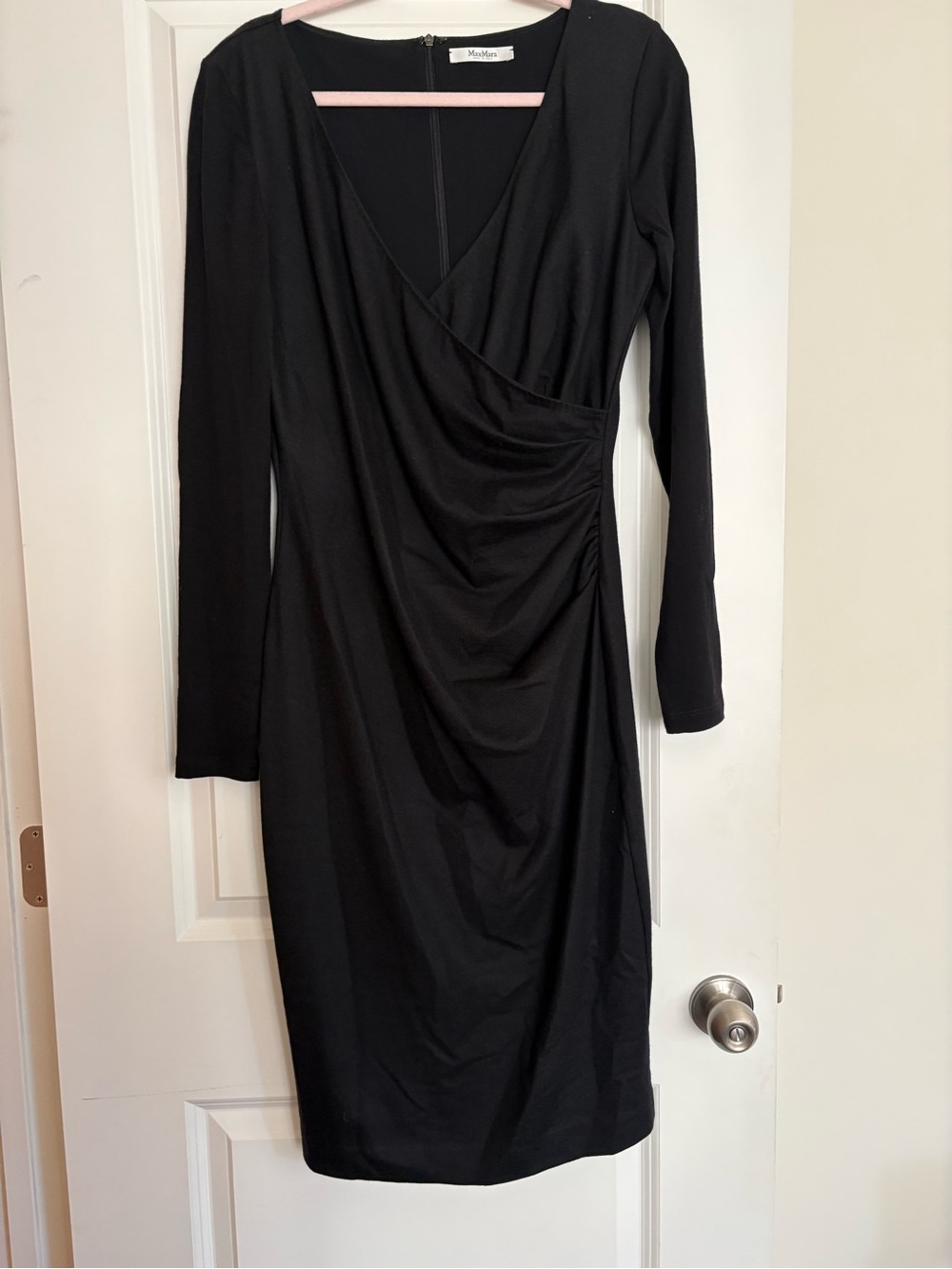 MaxMara Black Long Sleeve Faux-Wrap Ruched Sheath Dress